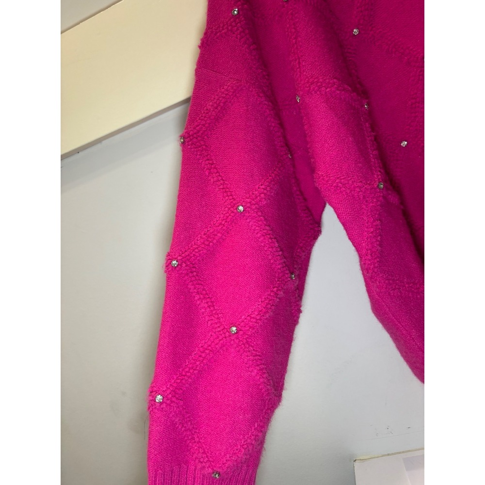 Nanette Lepore Hot Pink Rhinestone Knit Crewneck Sweater XL Feminine Barbiecore - Picture 4 of 13